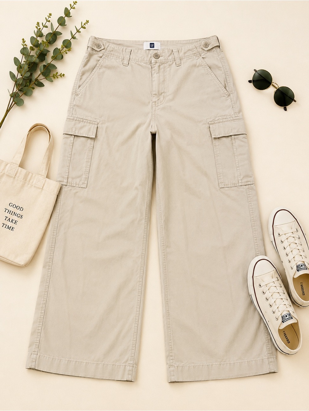 GAP Khaki Wide Leg Cargo Pants 36x30 Beige Utility Y2K Cotton